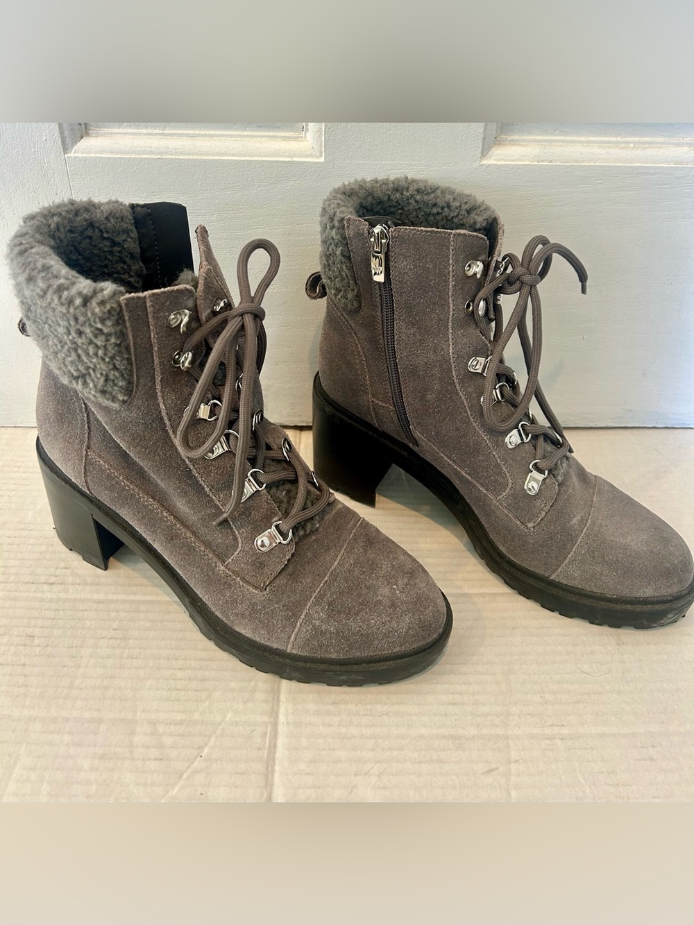 Marc Fisher Gray Suede Lace-Up Faux Fur Ankle Boots